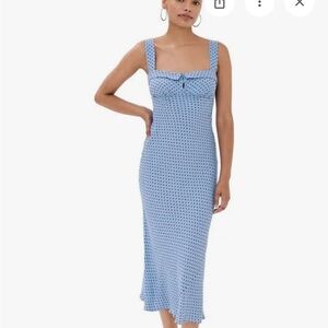 Reformation Tancy Blue Midi Dress with Red Polka Dots
